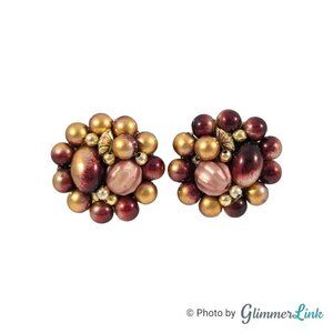 Vintage Hong Kong Brownish Red Beaded Cluster Gold Tone Clip On Earrings